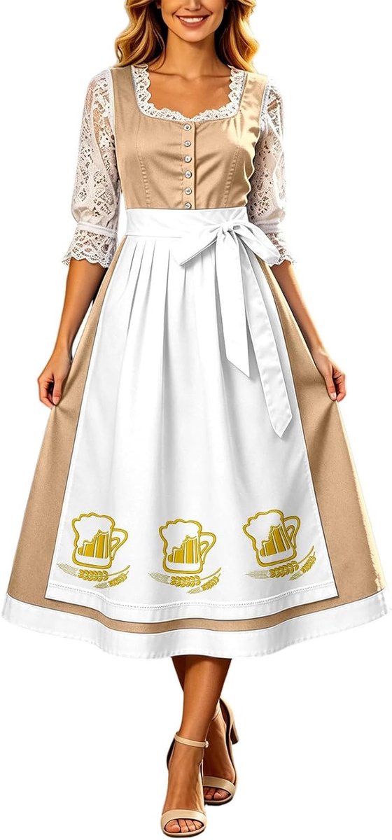 Dirndl voor dames, 3-delig, rood-wit geruite klederdrachtjurk met kanten blouse en schort, Oktoberfest Dirndl voor volksfeest, carnaval, feest