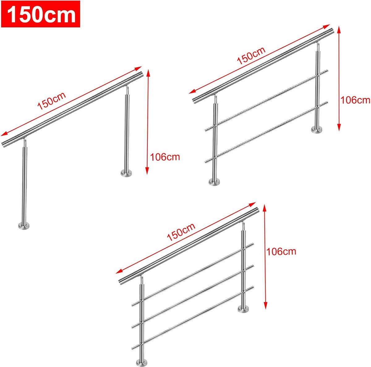 Trapleuning Roestvrij stalen 150 cm binnen en buiten met 2 palen voor trappen, balustrade, balkon (150 cm, 0 dwarsbalken)