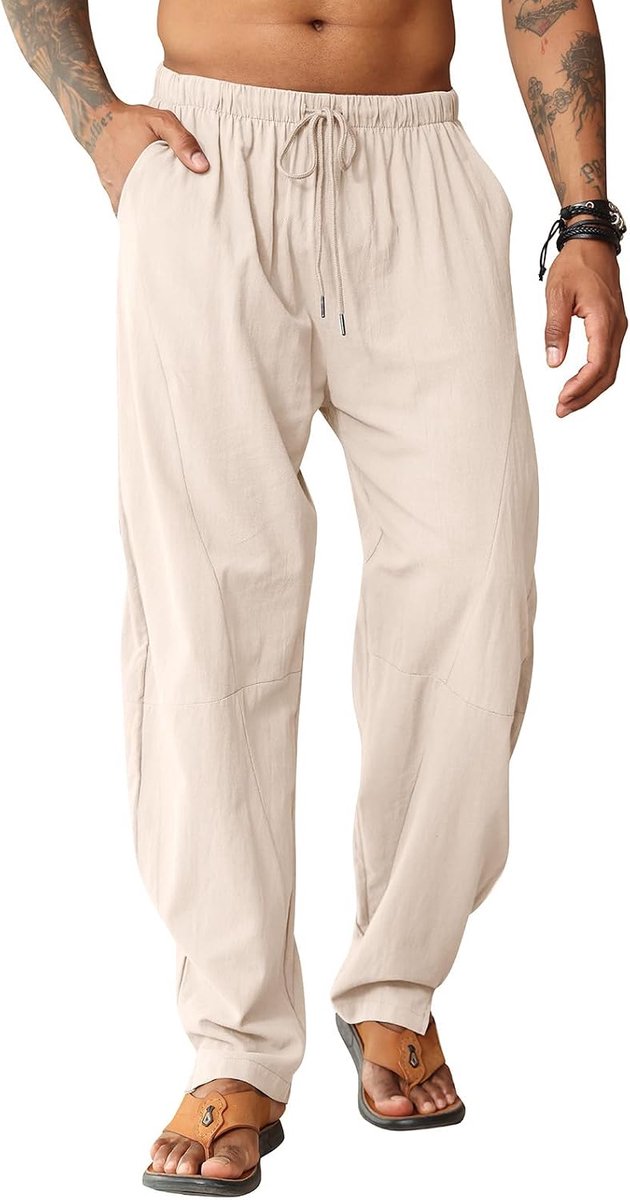 Linnen herenbroek, strandbroek, harembroek, joggingbroek, losse stretchkatoenen zomerbroek, Kaki, L : Amazon.nl: Kleding, schoenen & sieraden