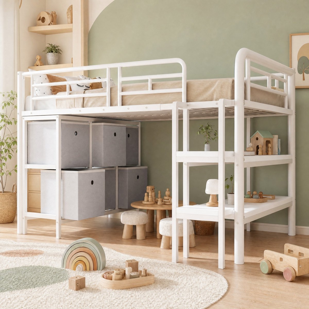 WUVRIE Kinderhoogslaper 90x200 cm met trap, lades, open vakken en veiligheidsrand, wit