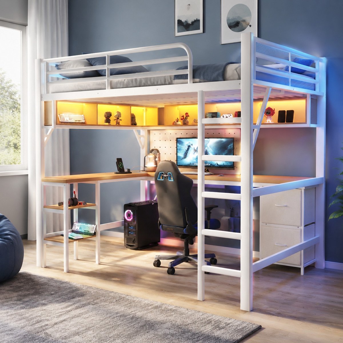 WUVRIE Metalen hoogslaper 140x200 cm met bureau, boekenkast, kast, USB en ledverlichting, wit