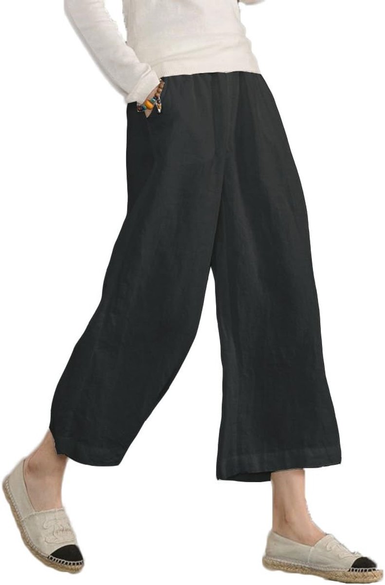 Damesbroek, elastische taille, brede broek, vloeiend, cargobroek, zomer, 7/8, katoen