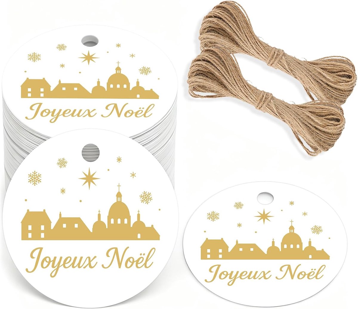 Kerstboom cadeauhangers met Joyeux Noël: 5 cm papieren kersthangers met koord, 100 stuks witte kerstetiketten voor geschenkverpakking, kerstdecoratie