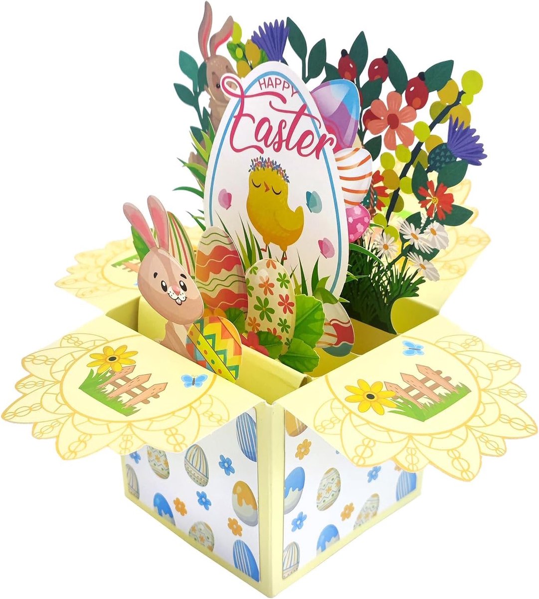 Paaskaarten, vrolijke Pasen, paaskaart met envelop, 3D pop-up paaskaarten met hazen, paaseieren en bloemenmotieven (C)