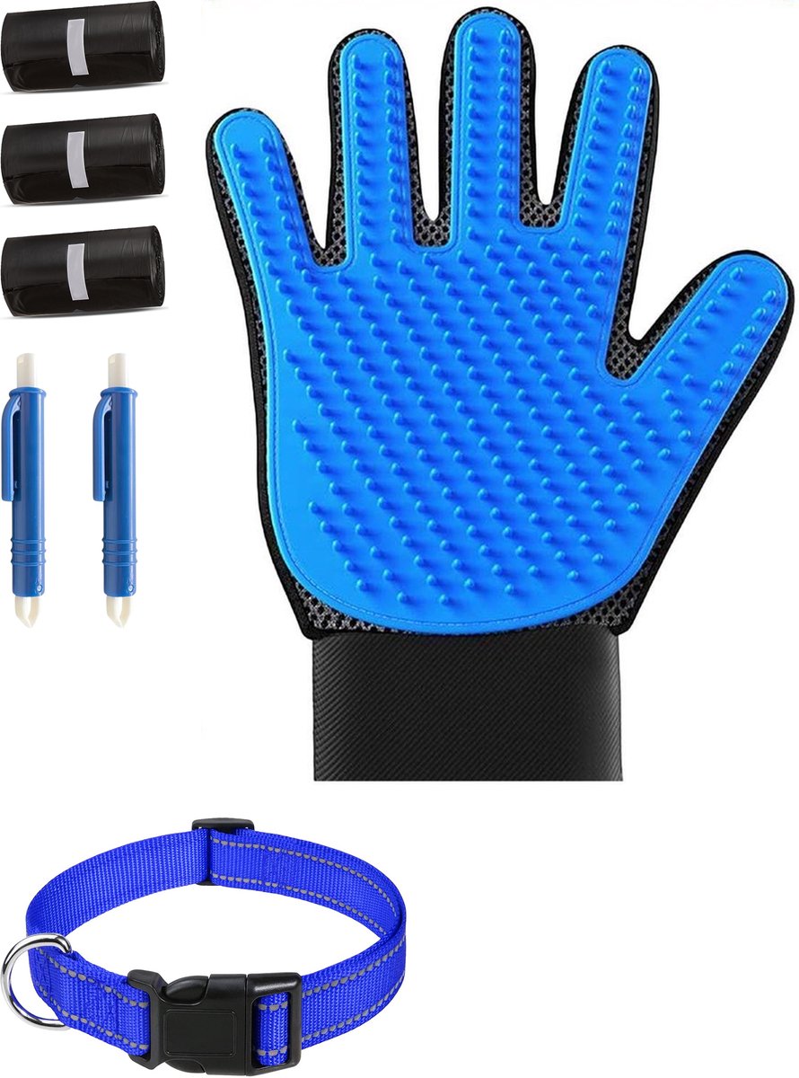 Professor Q Wandelset Hond - Halsband Donkerblauw S 30-40 cm - 45 Poepzakjes - 2 Blauwe Tekenpincetten - Vachthandschoen Blauw