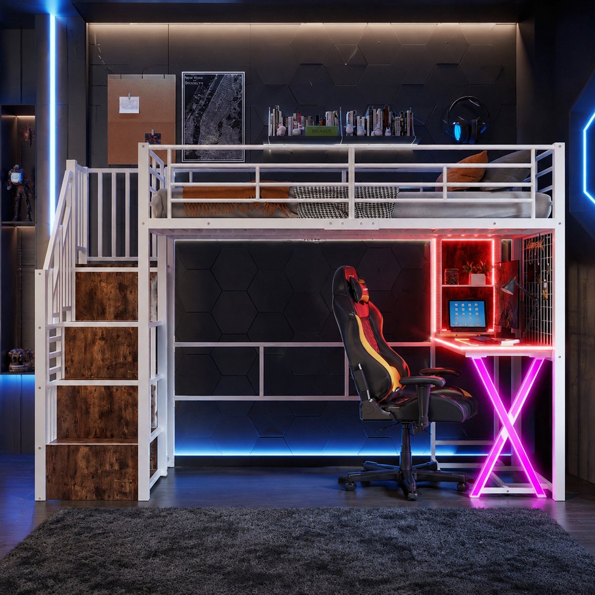 WUVRIE Hoogslaper 90x200 cm met bureau, kledingkast, opbergtrap, planken en LED-verlichting, wit