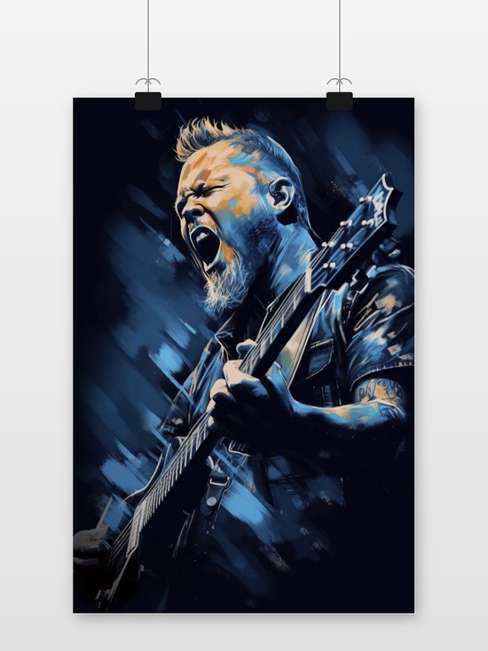Un portrait abstrait de James Hetfield de Metallica, chantant et jouant de la guitare avec des coups de pinceau bleus et oranges.