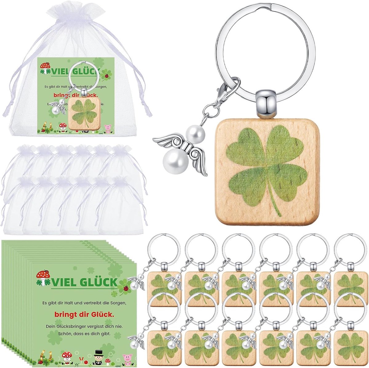 Set van 12 gelukscadeaus, inclusief 12 geluksbrengers, sleutelhangers, 12 engelsleutelhangers, 12 wenskaarten en 12 witte organzazakjes met trekkoord