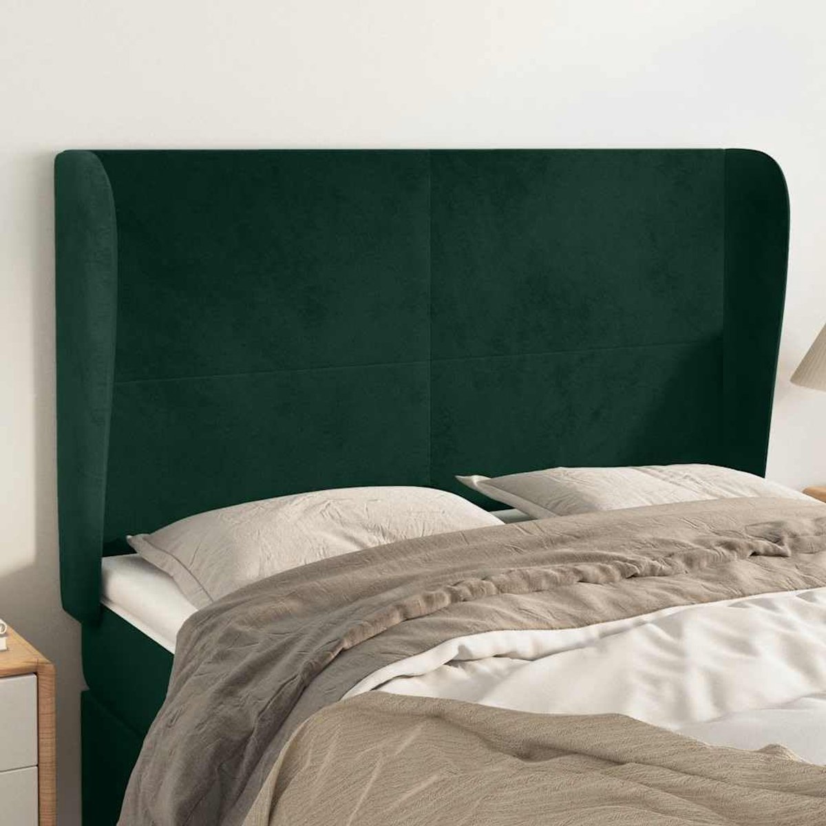 Hoofdeinde met oren in donkergroen, 147 x 23 x 118/128 cm, van zacht fluweel, in hoogte verstelbaar met robuuste houten poten voor uitstekende rugondersteuning en luxueus