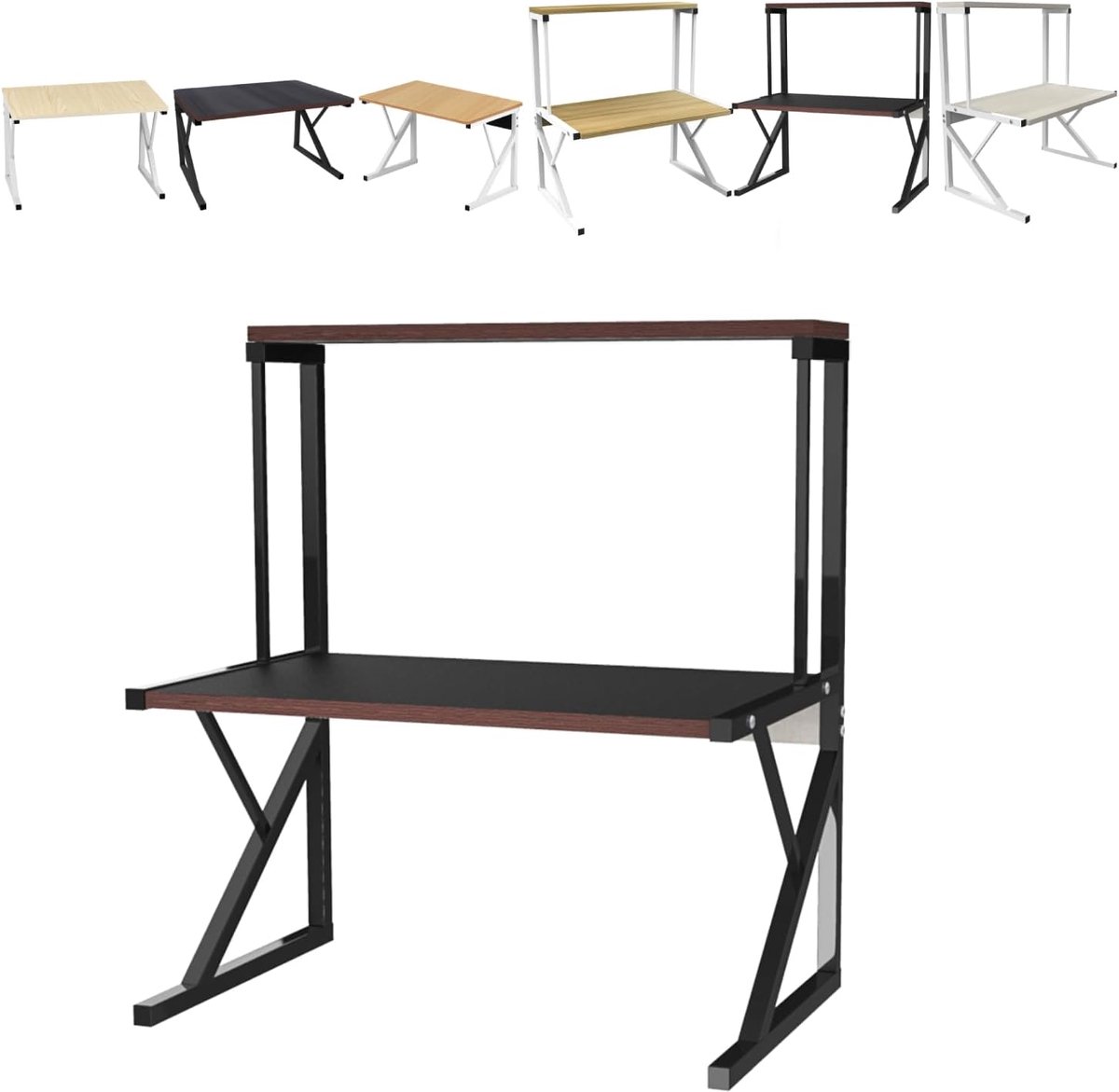 Magnetronhouder van metaal en hout, robuust magnetronrek met kruidenorganizer, magnetronhouder, metalen rek (walnoot, zwart, 3 niveaus)