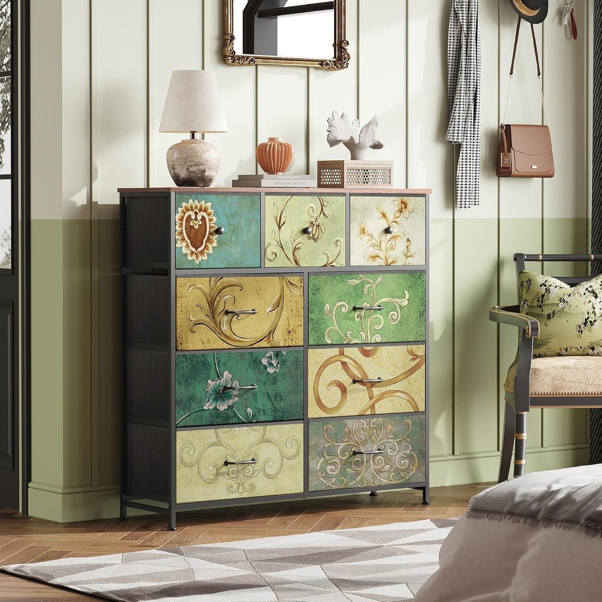 Commode met 9 laden, 100 x 100 x 30 cm, retro make-uptafel met laden, stof, metalen frame, tafelblad van MDF, hout, opbergkast voor woonkamer, slaapkamer, hal