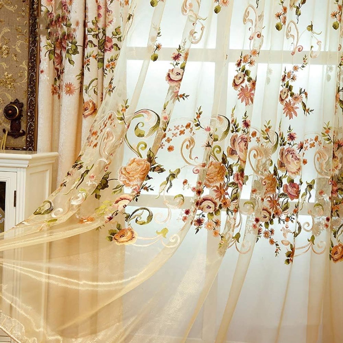 Gordijnen, luxe/voile/gordijn/voor Slaapkamer/beige/bloemen/pannels/Gordijnen/voor villa-Borduurwerk 400x270cm (157x106inch) 1panel