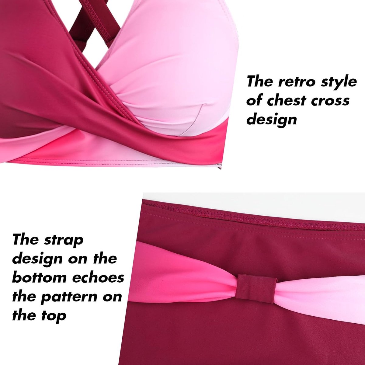 Tweedelige damesbadpakken, bikini met gekruiste top, hoog getailleerde bodem, badpakken voor buikversteviging, badmode met vintage motief