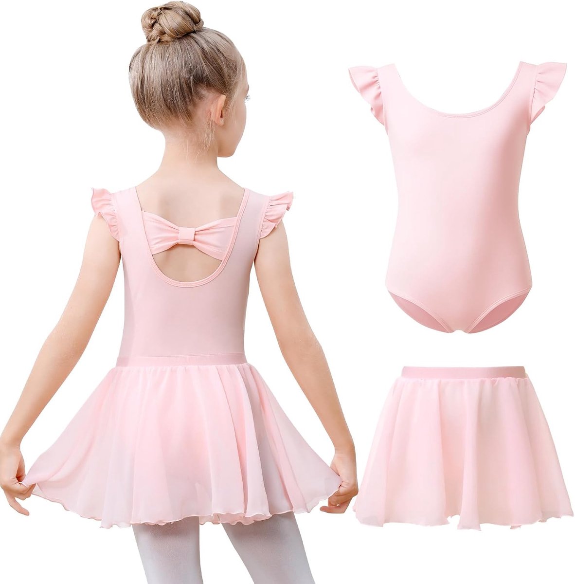 Balletpakje voor meisjes met fladdermouwen, balletoutfit van katoen, danspakje met afneembare rok, ballerina-jurk voor 3-11 jaar