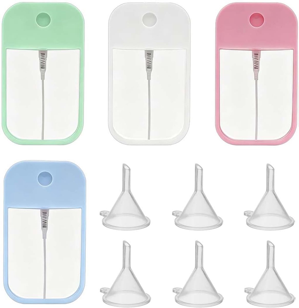 Verstuivers + 10 trechters, kleuren: wit, lichtblauw, roze, groen, 45 ml, voor oliën en cosmetische vloeistoffen