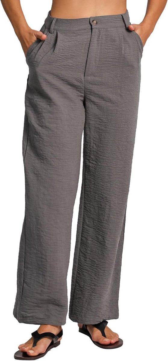 Damesbroek, linnen broek, baggy zakelijke outfit, lange linnen brede pijpen, stoffen broek, wijde pijpen, elegant met zakken