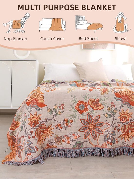 Een sprei met een botanische print, getoond op een bed en met iconen voor 'Nap Blanket', 'Couch Cover', 'Bed Sheet', 'Shawl'.