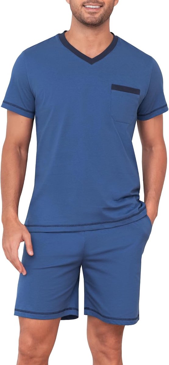 pyjama voor heren, van 100% katoen, V-hals, zomerpyjamaset met borstzak, ademende nachtkleding & loungewear voor mannen, zacht huispak, tweedelig