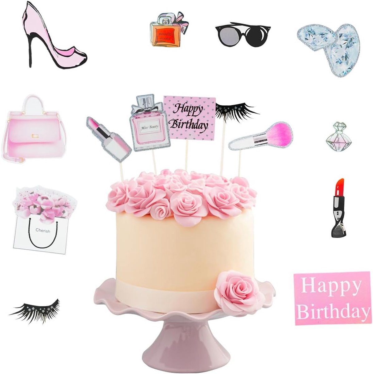 30 stuks taartdecoratie verjaardag, make-up en beauty-design, decoratieve taarttoppers, Happy Birthday Lady thema meisjes, cosmetica-thema cupcake-toppers voor decoratie feest