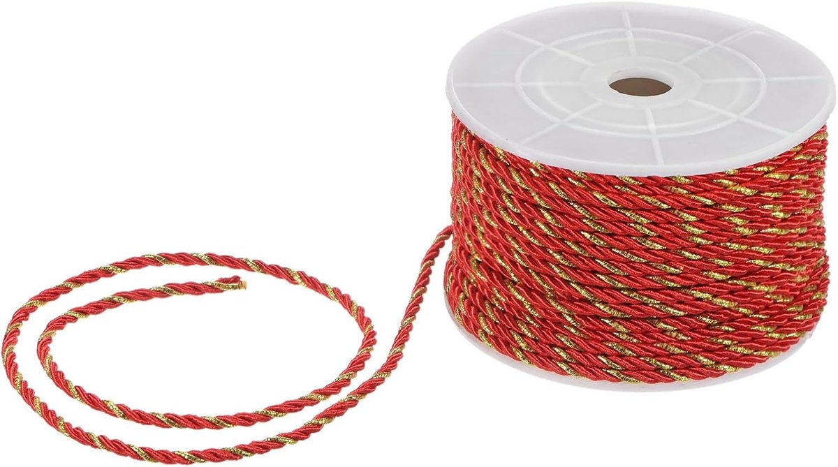 METERXITY 22 Yards Twisted Rope Trim, 3mm/0.12" Rood en Goud Zachte Polyester Twisted Zijden Touw Koord 3-laags Decoratief Koord voor Gift Bag/DIY Crafts/Home Decor/Gordijn Tieback