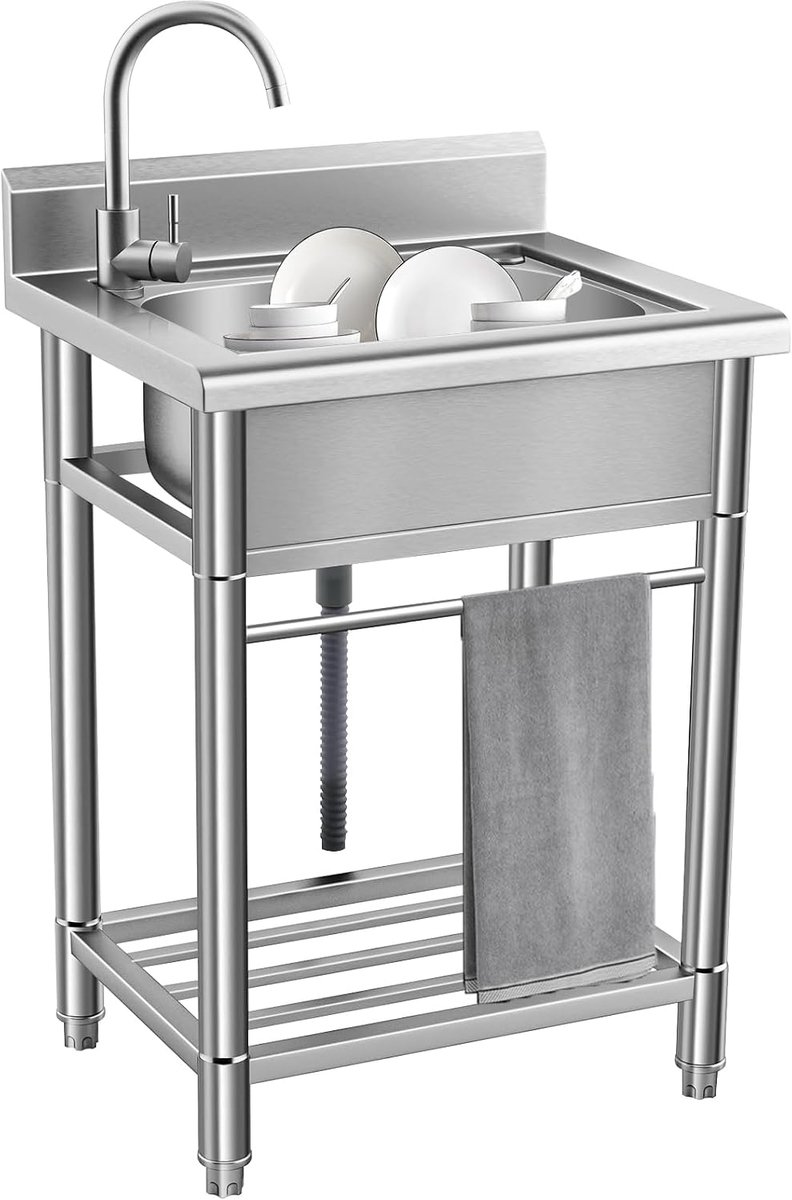 Keukenspoelbak van roestvrij staal, 1 bak, commerciële restaurantspoelbak, draagbaar, op voet, wastafel, voor keuken, restaurant, garage, tuin, camper, 55 x 50 x 85 cm