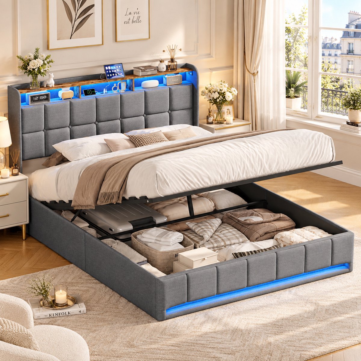 MEXUS Opbergbed 160x200 cm, Tweepersoonsbed met ledverlichting en USB-poorten, Bedframe met gestoffeerd hoofdbord en opbergruimte, houten lattenbodem, linnen Grijs