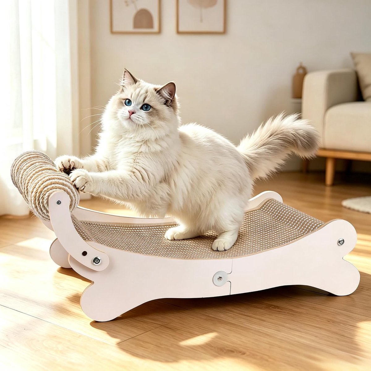 Kattenkrabbed, 3-in-1 gebogen houten krablounge met 4 rollende sisal-ballen, extra groot 67,5 x 24 x 34 cm huisdiermeubilair voor alle katten