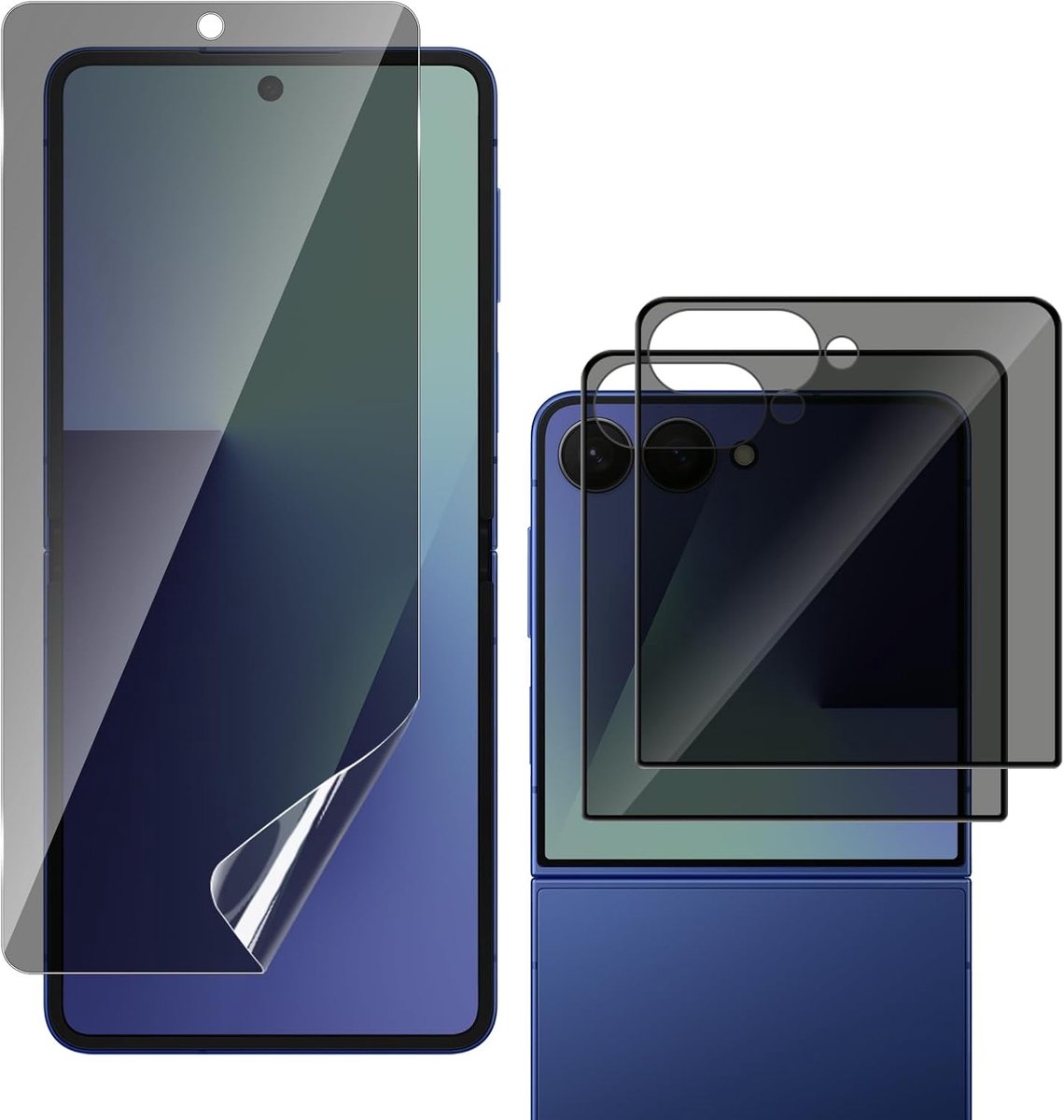 Beschermfolie voor Samsung Galaxy Z Flip 7 5G, [1 + 2 stuks] flexibele TPU en pantserbescherming glas privacyfolie, anti-spy anti-kras privacy displaybeschermfolie voor