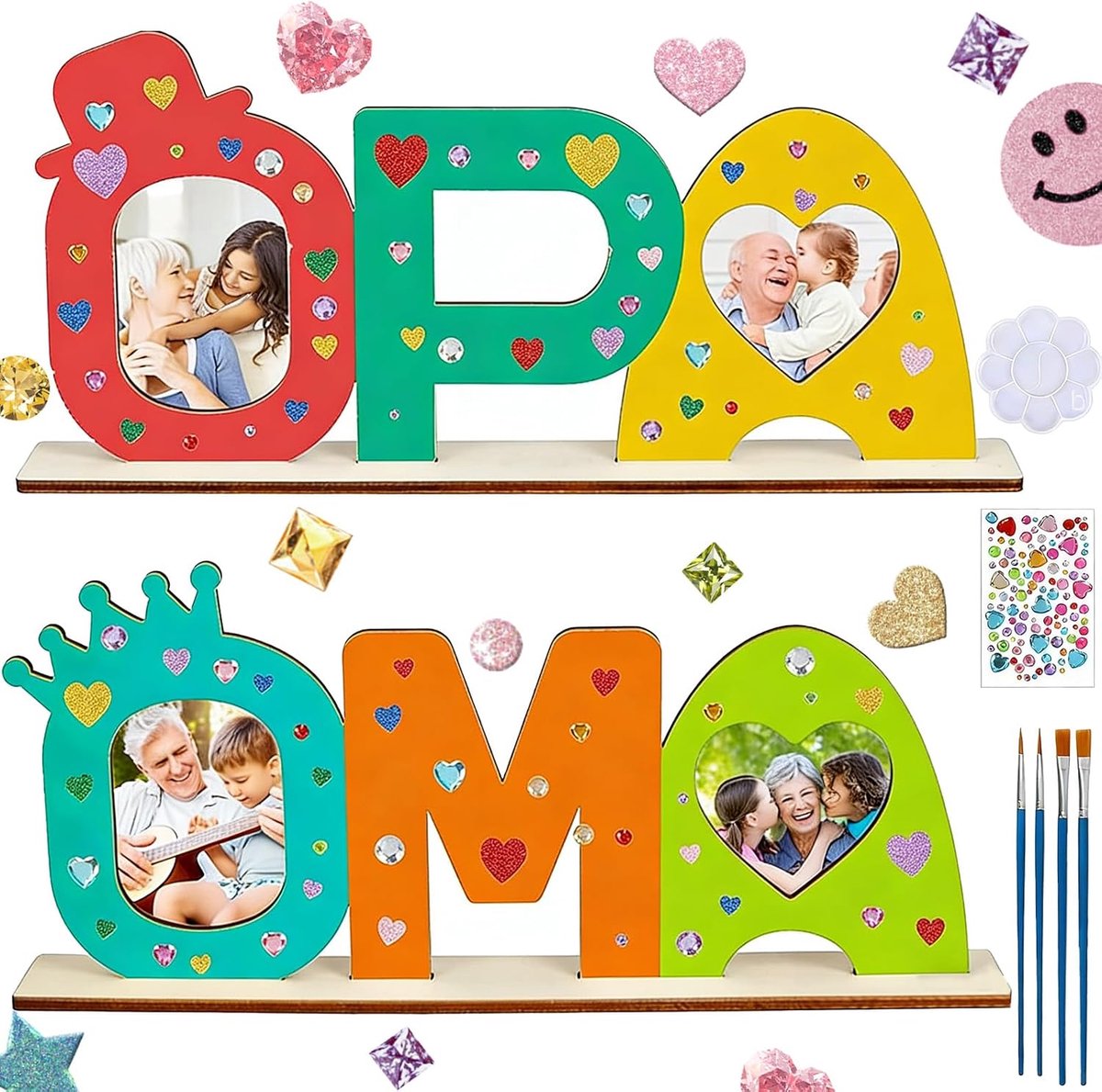 2 Stuks Fotolijst Met Houten Letters Opas Omas, Opa Omas Houten Fotolijst Beschilderen, Diy Fotolijst Oma Opa Hout Beschilderen, Met Standaard, Stickers, Pigment En Kwast
