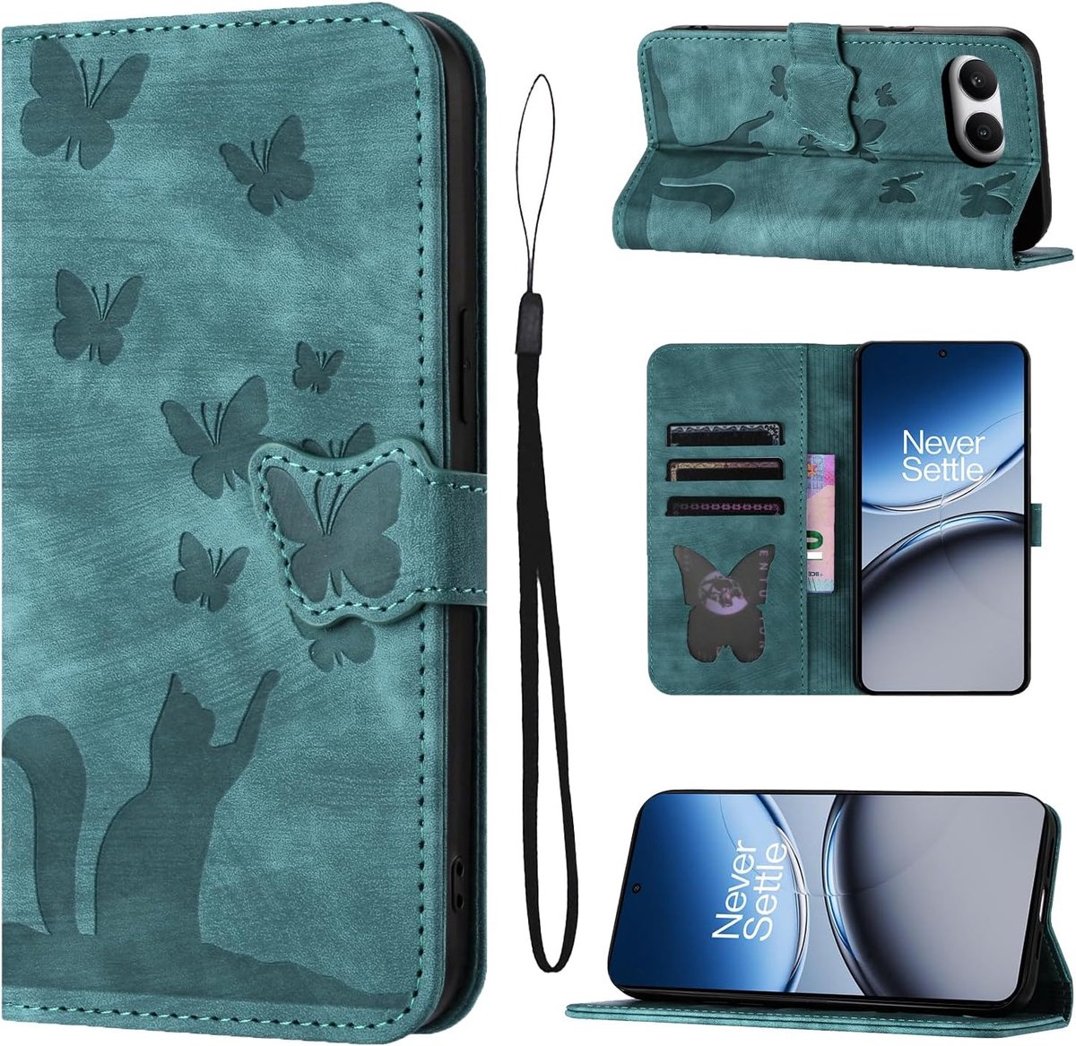 Klapbeschermhoes voor OnePlus Nord 4, 6,74 inch hoes met kaartsleuven, OnePlus Nord 4-case katten vlinderpatroon, leren hoes, groen
