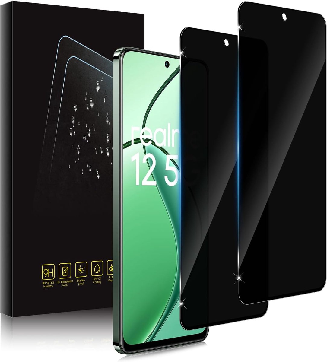 2 stuks privacybeschermfolie voor Realme 12 5G /Realme 12x 5G, beschermfolie voor pantserglas, anti-spy, privacy, privacyfolie, beschermfolie, zwarte rand, privacybeschermglas