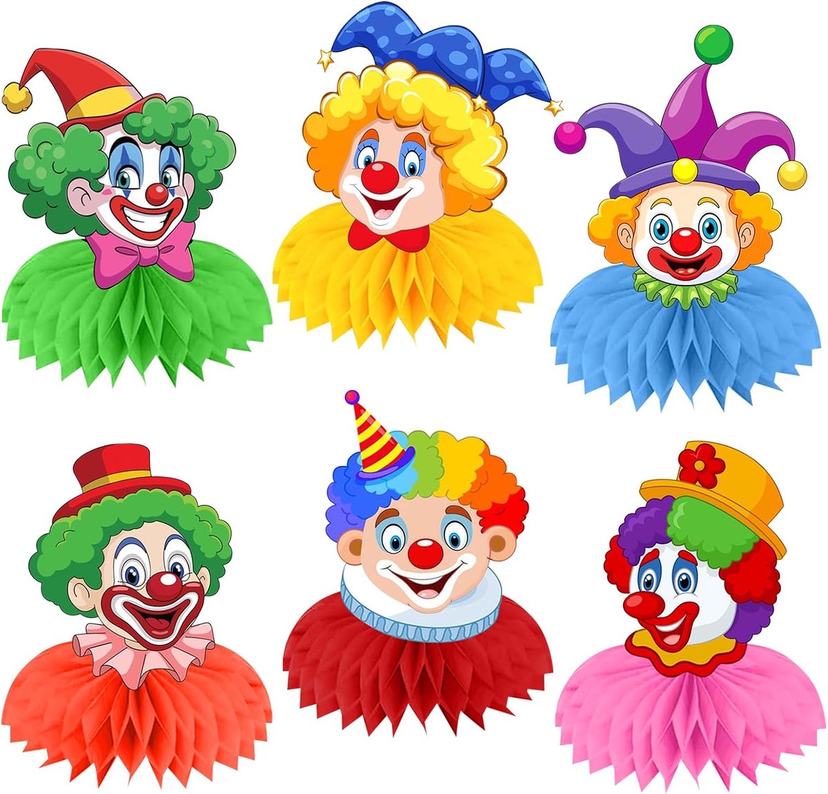 6 stuks clowns-tafeldecoratie, carnaval, clowndecoratie, tafelopzetstukken, 3D-honingraat, tafeldecoratie, honingraatballen, clowndecoratie, tafeldecoratie voor carnaval, Halloween, carnaval