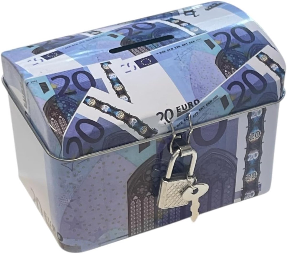 Spaarpot van metaal met hangslot, ontwerp van eurobankbiljetten, decoratieve spaarpot
