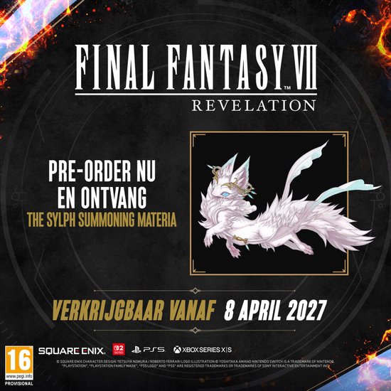 Final Fantasy VII Revelation poster met een witte, pluizige mythische kat met blauwe ogen en vleugels. "Pre-order nu en ontvang the Sylph Summoning Materia". Beschikbaar vanaf 8 april 2027.