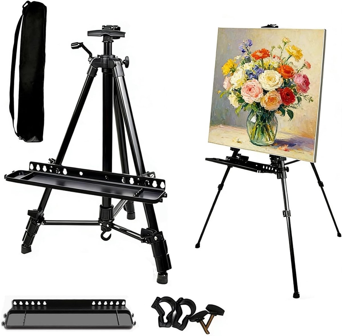 Ezel, 50-155 cm lang, ateliersezel, in hoogte verstelbaar, met waterpas, inklapbaar schildersezel met draagtas, ideaal voor posters, doeken en tentoonstellingen