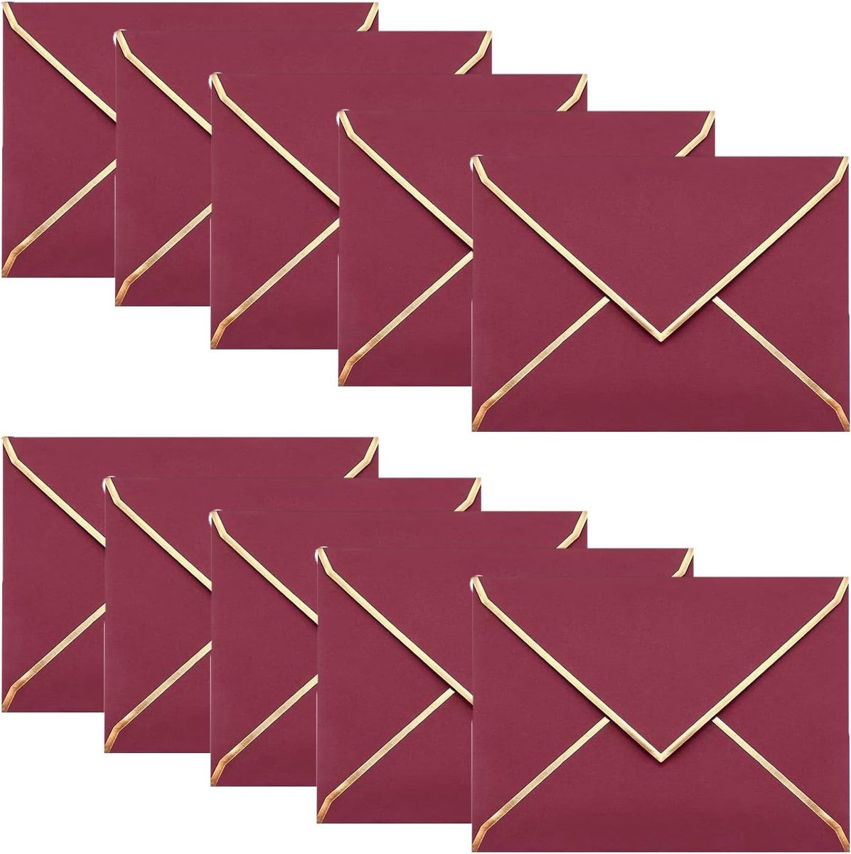 50 stuks A7-uitnodigingen, 12,5 x 17,2 cm enveloppen, V-flap enveloppen met gouden rand voor bruiloftscadeaukaarten, uitnodigingen, afstuderen, babyshower, feesten (Burgondisch)