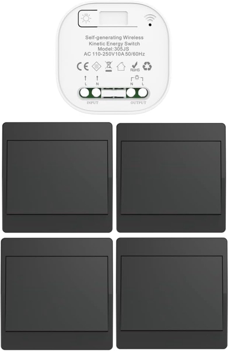 Draadloze schakelaar kinetische zwarte RF kinetische draadloze schakelaars enkele en dubbele bediening batterijloze afstandsbediening draadloze draadloze schakelaar (zwart 1Gang 4V1 EU)