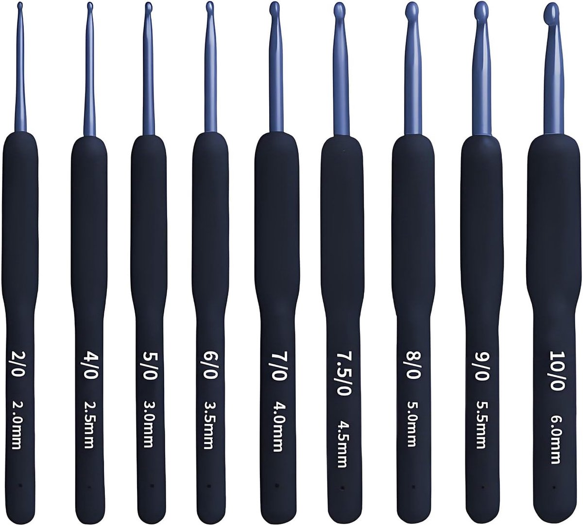 Haaknaalden in verschillende maten, haaknaalden, aluminium haaknaalden, 2 mm ~ 6 mm, ergonomische breinaalden, zachte antislip rubberen handgrepen (blauw)