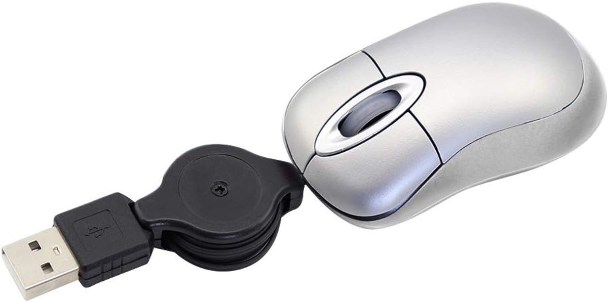 Muis, intrekbare 70 cm USB-kabel, 1600 dpi, draagbaar, ergonomisch, kleine tas, reismuis, voor kinderen, kleine handen, voor Win98/Win7/2000/ME/XP/VIST, laptop/pc (zilver)