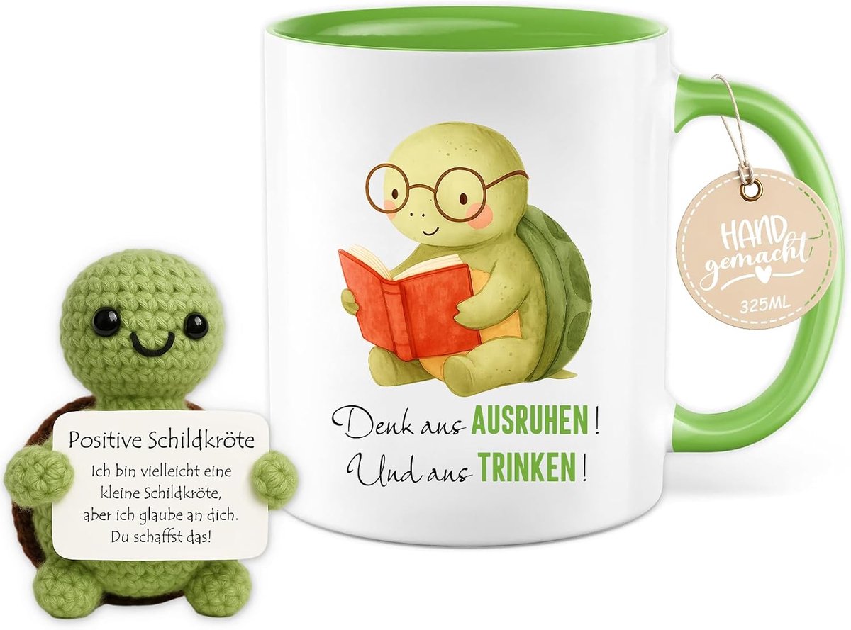 Schoolmok voor jongens en meisjes, 325 ml, mok met gebreide decoratie, positieve schildpad, geluksbrenger, cadeau voor vrouwen, mannen, kinderen, verjaardag, eerste schooldag, kleuterschool