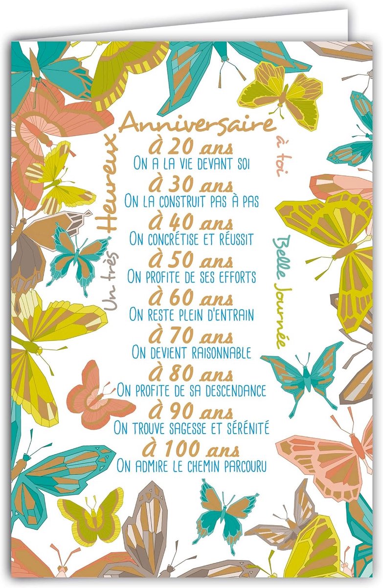 Wenskaart voor verjaardag, mooie dag, vlinders, grote tekst, 20 30 40 50 60 70 80 90 100 jaar, met goud verguld, gemaakt in Frankrijk