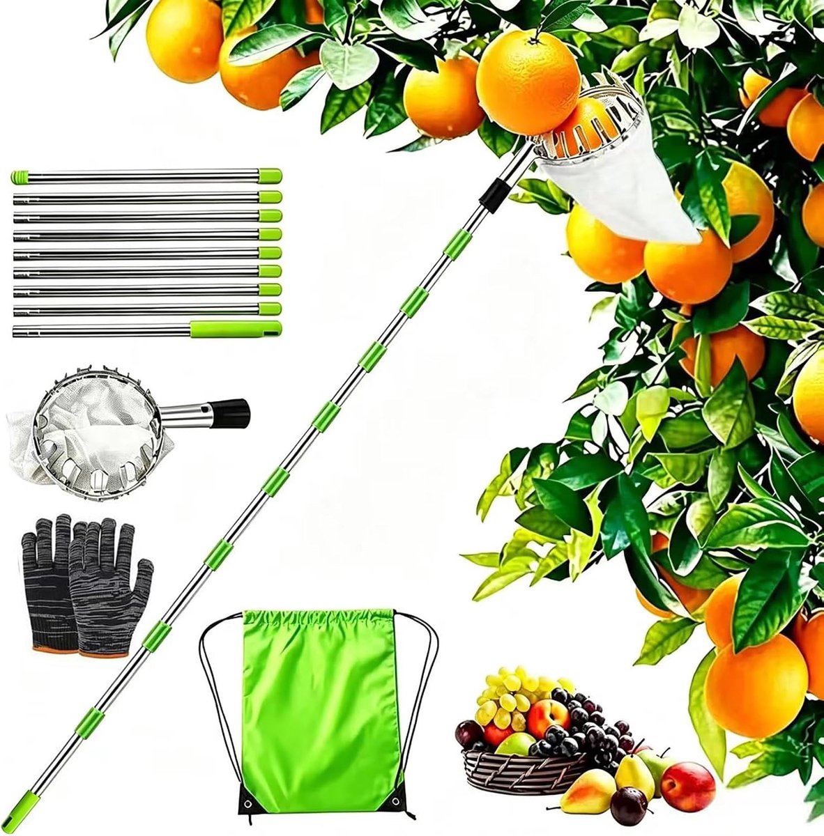 Fruitplukker met Telescopische Steel, Appelplukker Diameter 16 cm, Kersenplukker met Katoenen Zak, Roestvrijstalen Fruitplukker Voor Kersen, (Groen, 3.6M)