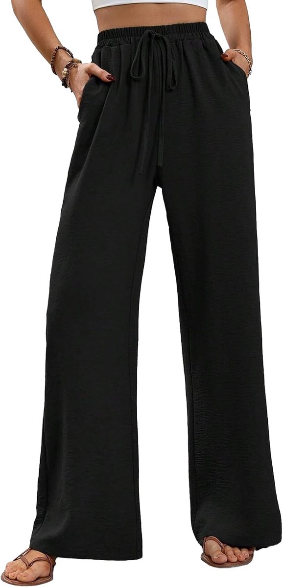 Brede broek voor dames, elegante brede broek met hoge taille, losse zomerbroek, stretch, lange broek met zakken