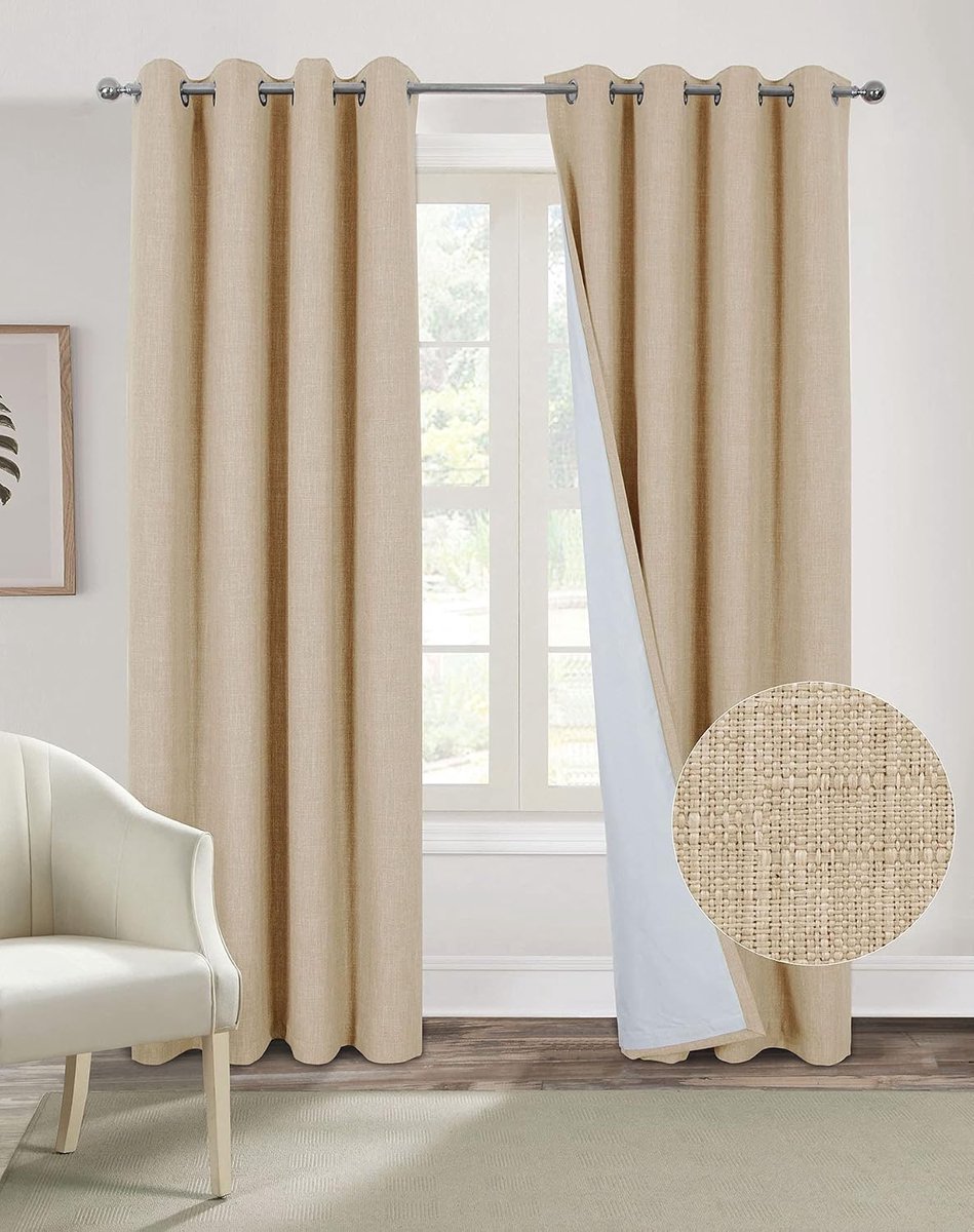 Warmte-isolerend Faux Linnen verduisteringsgordijn, 100% verduisteringsgordijn, dubbel gordijn, moderne woonkamer met zeilringen, zachte kreukvrije stof, Beige 140 x 245 cm. Set van 2