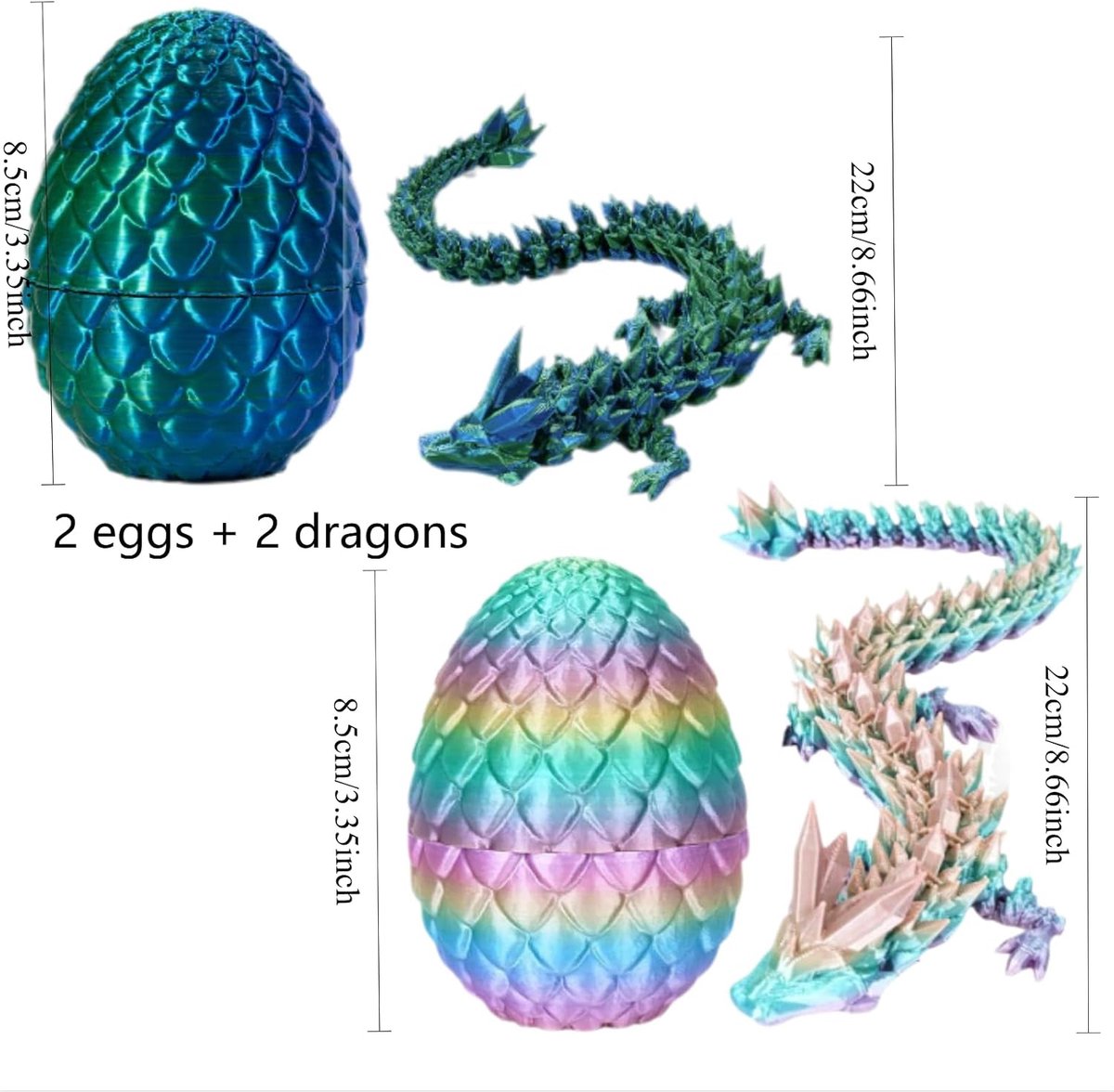 2 stuks 22 cm 3D-bedrukt drakenei, drakenfiguren, beweegbare 3D-gedrukte draak, flexibele gewrichten, uniek cadeau-idee, paasei, woondecoratie (1)