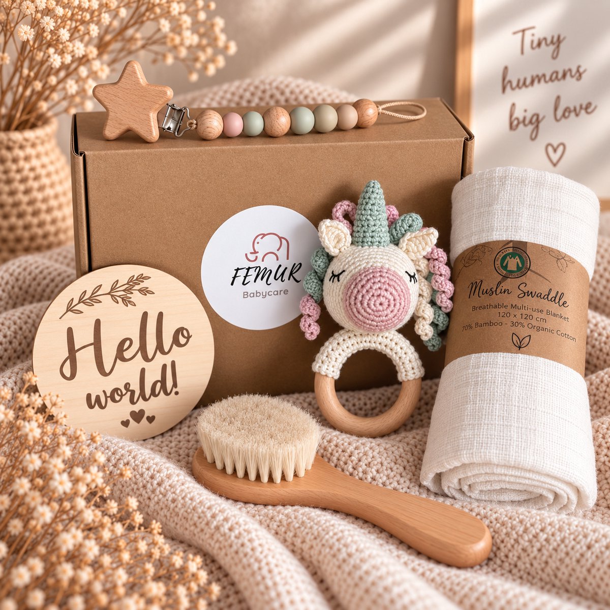Baby Geboorte Set – Baby Speelgoed – New Born Set – Geschenk Set - Kraamcadeau – Babyshower – Gender Reveal Party - Bijtring – Handgemaakt – Natuurlijke Materialen – Speenkoord - Unicorn