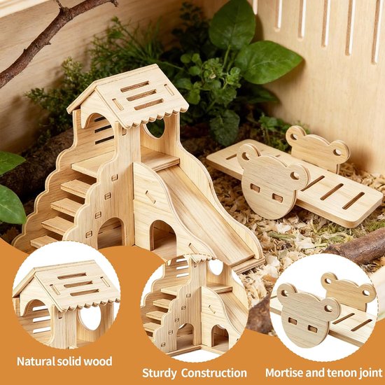 Hamsterhuis van hout, hamsterhuis, meerkamer met trap en wip, meerkamerhuis, hamsters, knaagdieren, cavia's, accessoires voor dwerghamsters, goudhamsters, kleine huisdieren — afbeelding 4