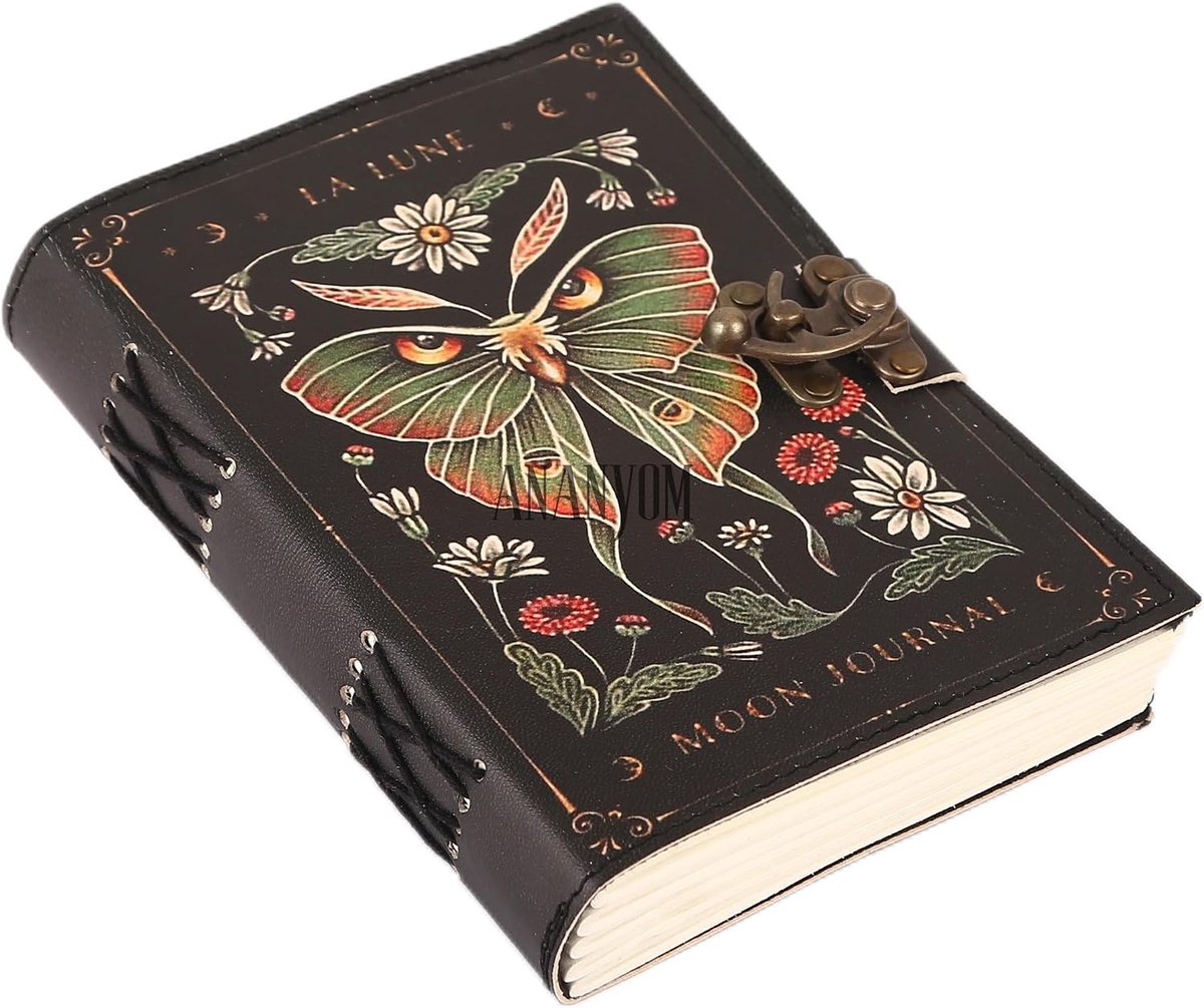 Lederen dagboek, Luna Mot en Morpho vlinder maan vintage lederen notitieboek dagboek schetsboek, met 200 blanco wit papier, ongecontroleerd, messing gesp slot dagboek voor mannen