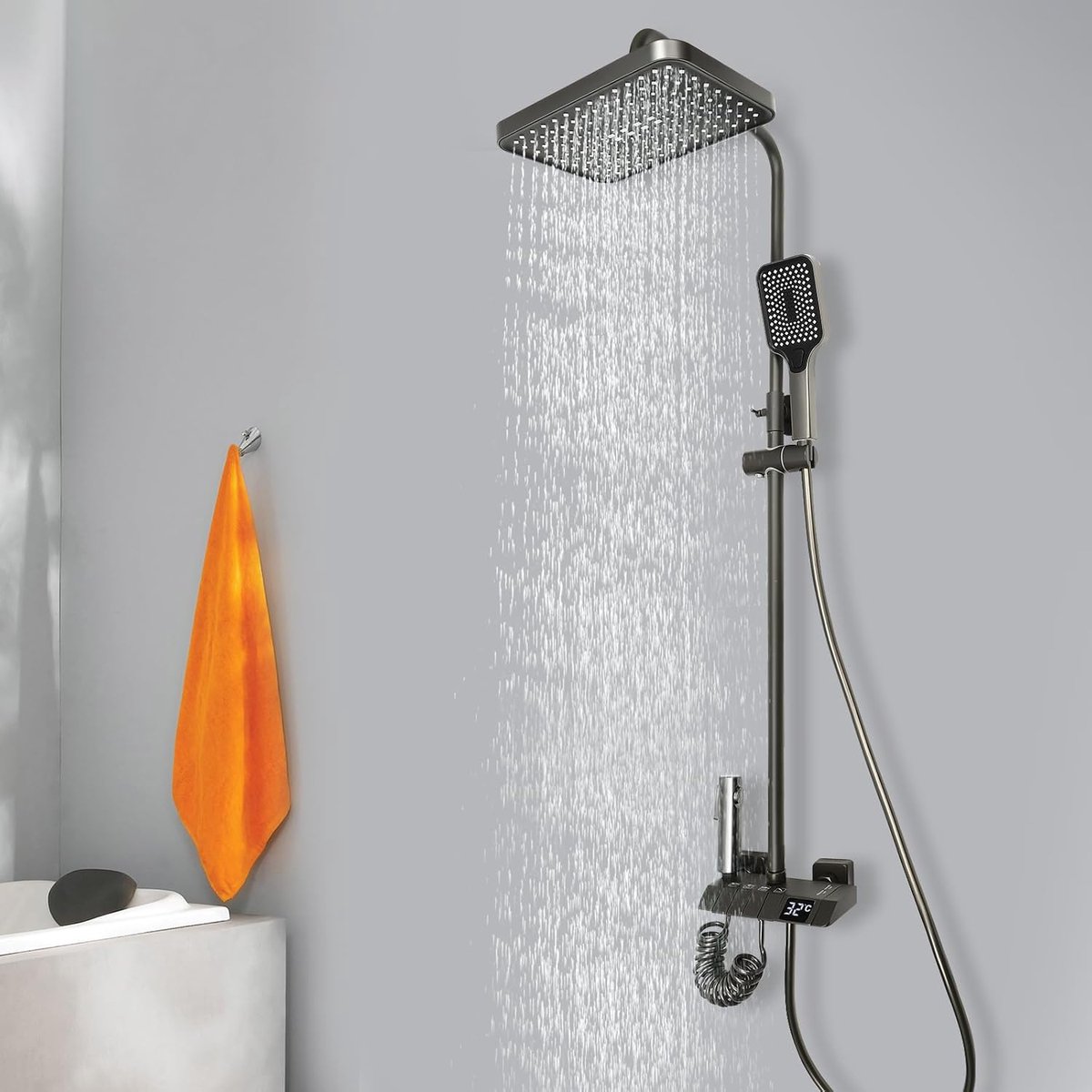 Douchesysteem met kraan, 4-in-1 messing doucheset met regendouche, 3 modi, wandmontage, douchezuil, douchegarnituur met led-display