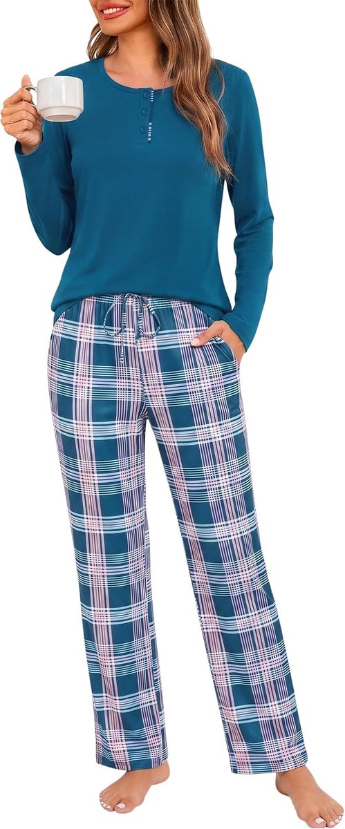 Henley-hals, geruite pyjamaset, nachtkleding met